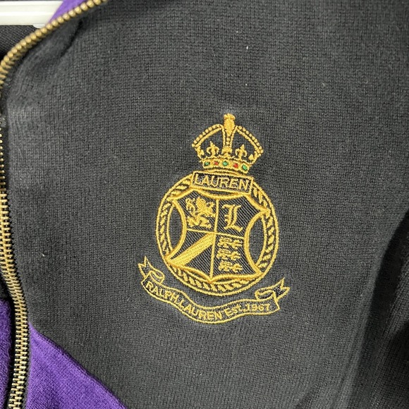 Lauren Ralph Lauren Sweater Womens Medium Black Purple Stripe Full Zip Crest - Picture 2 of 7